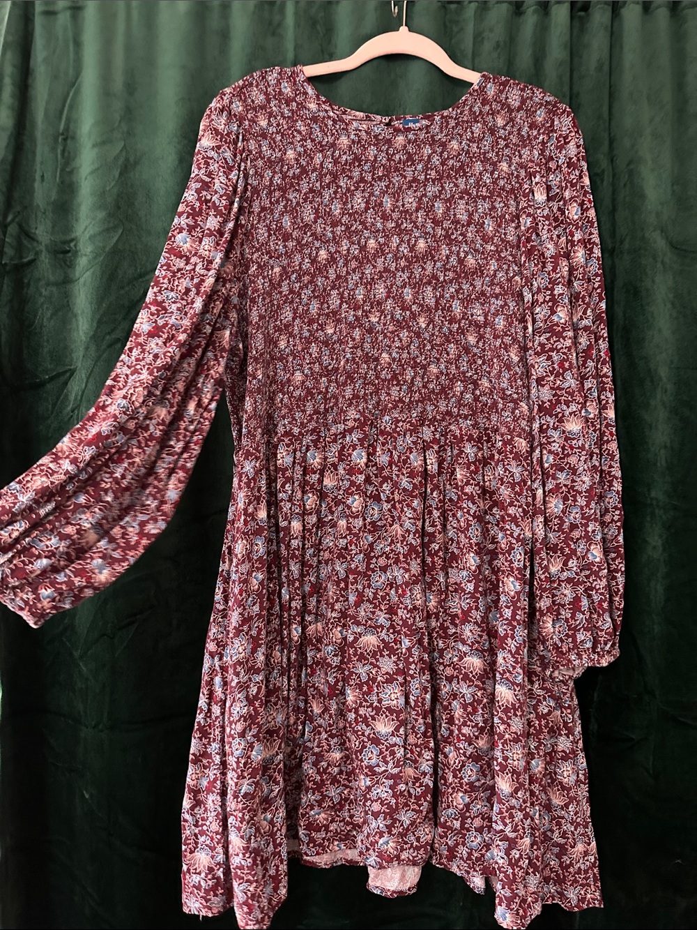 Floral Long Sleeve Tiered Smocked Dress in Burgundy